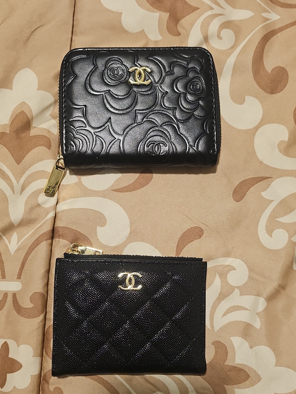 Designer Inspired Black Quilted Zip Wallets Set with Gold Hardware